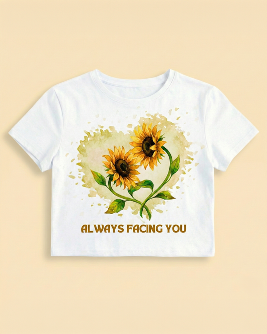 Always Facing You Sunflowers -  White Crop Top